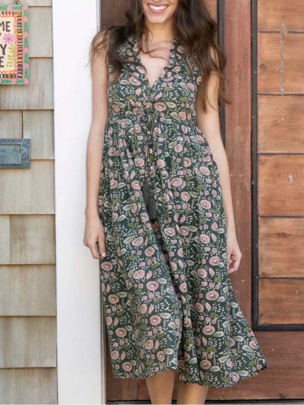 NATURAL LIFE Olive Green Midi Dress with Pink Floral Print